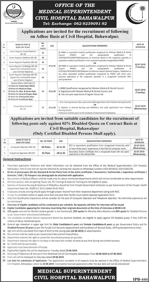 Civil Hospital Bahawalpur Jobs June 2019 Medical Officers, Nurses & Others Latest