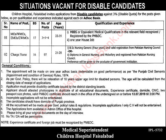 Children's Hospital Faisalabad Jobs June 2019 Medical Officers & Nurses Disable Quota Latest