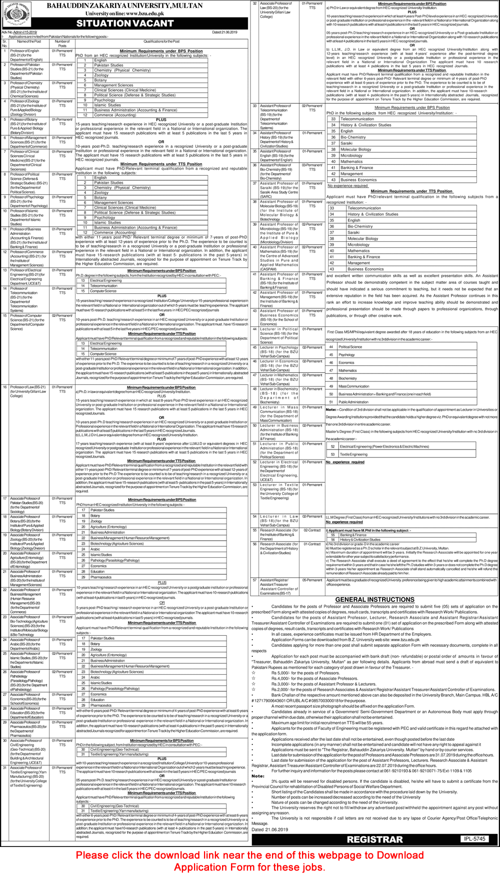 Bahauddin Zakariya University Karachi Jobs June 2019 July Application Form Teaching Faculty Latest