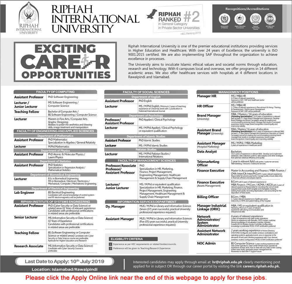 Riphah International University Jobs June 2019 July Islamabad / Rawalpindi Apply Online Latest