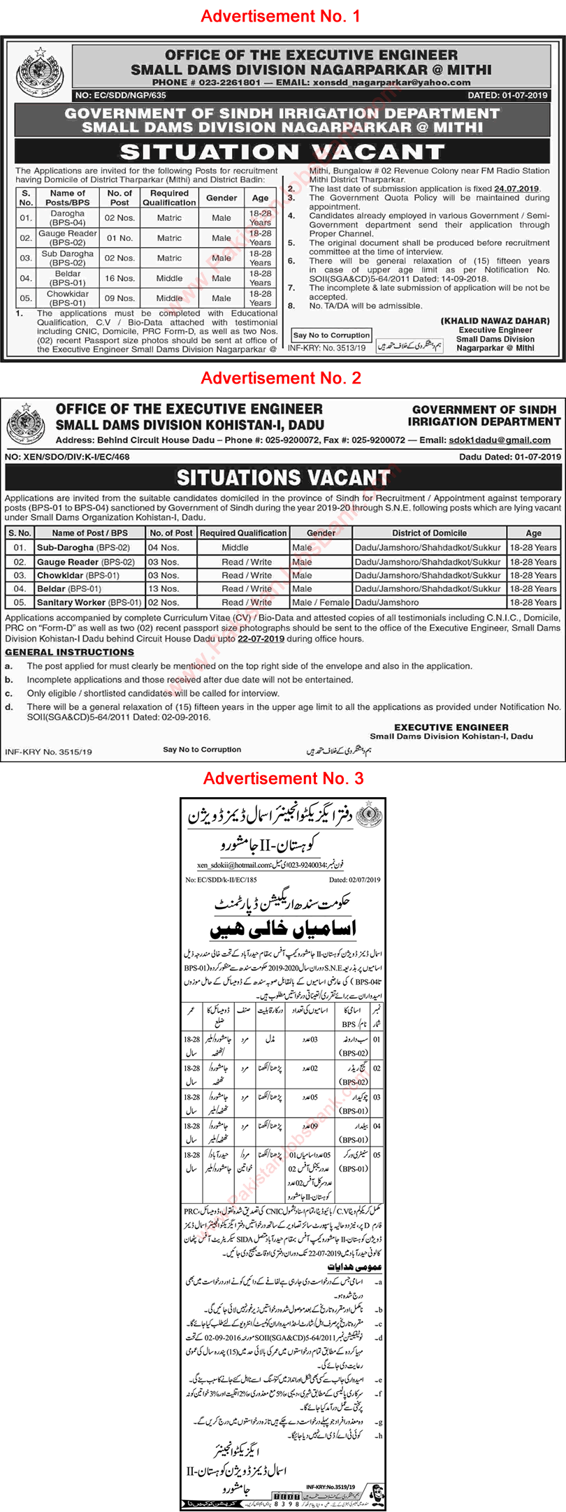 Irrigation Department Sindh Jobs July 2019 Baildar, Chowkidar & Others Small Dams Division Latest