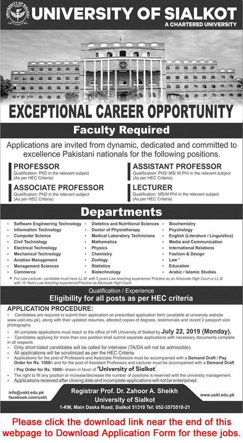 University of Sialkot Jobs 2019 July Application Form Teaching Faculty Latest