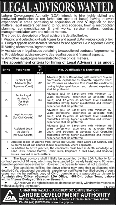 Legal Advisor Jobs in Lahore Development Authority July 2019  LDA Latest