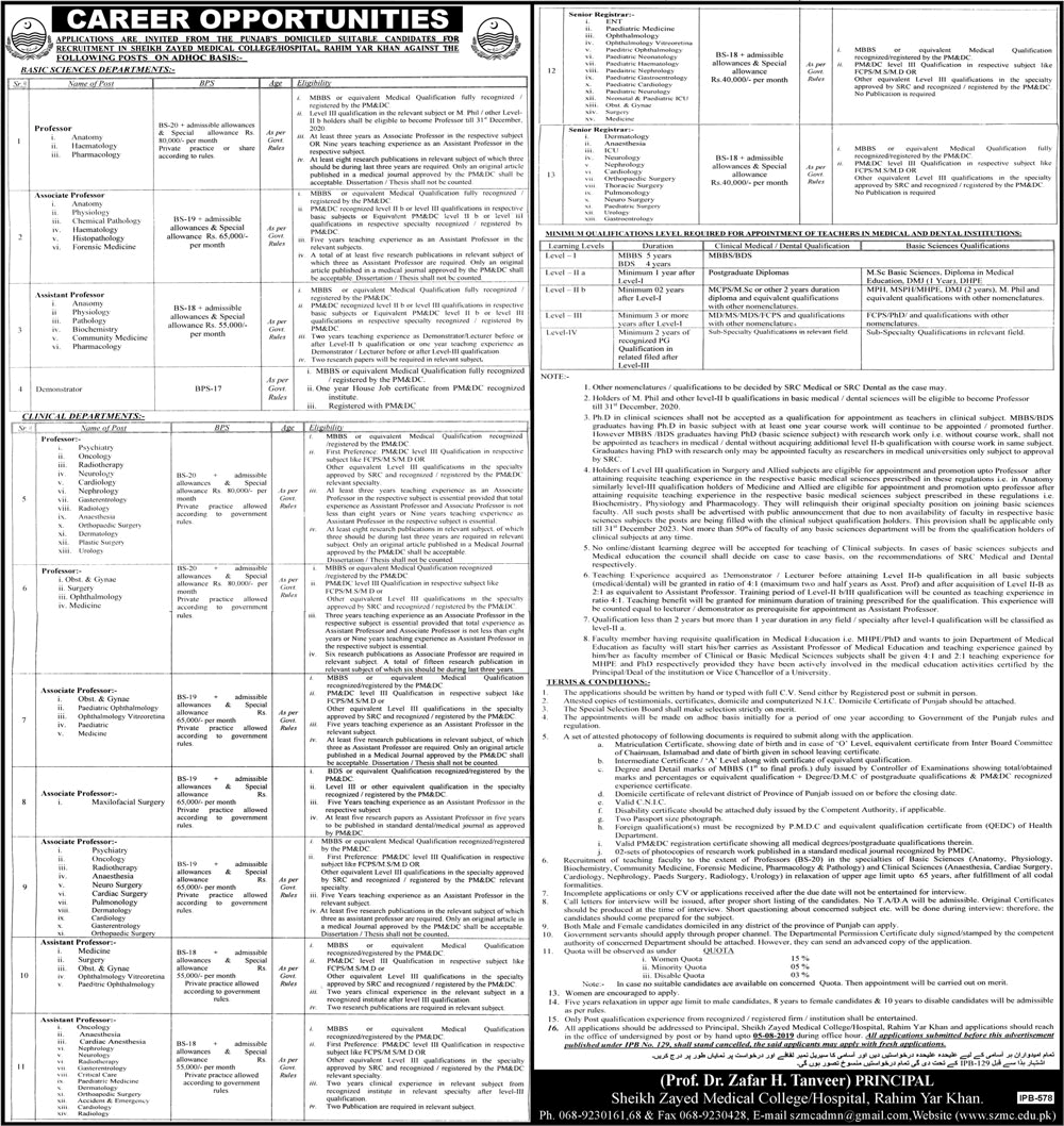 Sheikh Zayed Medical College / Hospital Rahim Yar Khan Jobs July 2019 Teaching Faculty Latest