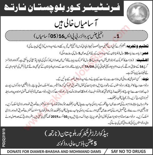 Intelligence Supervisor Jobs in Frontier Corps Balochistan July 2019 FC Latest