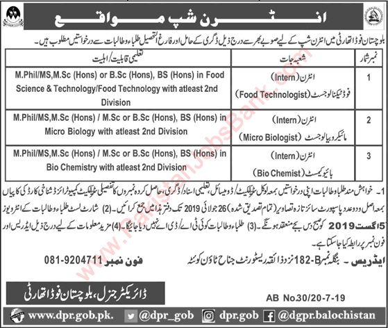 Balochistan Food Authority Internship 2019 July Internee Jobs Latest