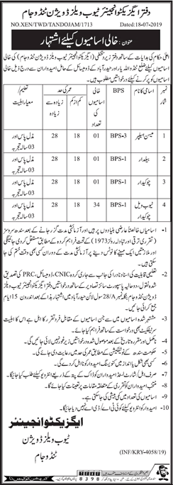 Irrigation Department Sindh Jobs July 2019 Tubewell Division Tando Jam Latest