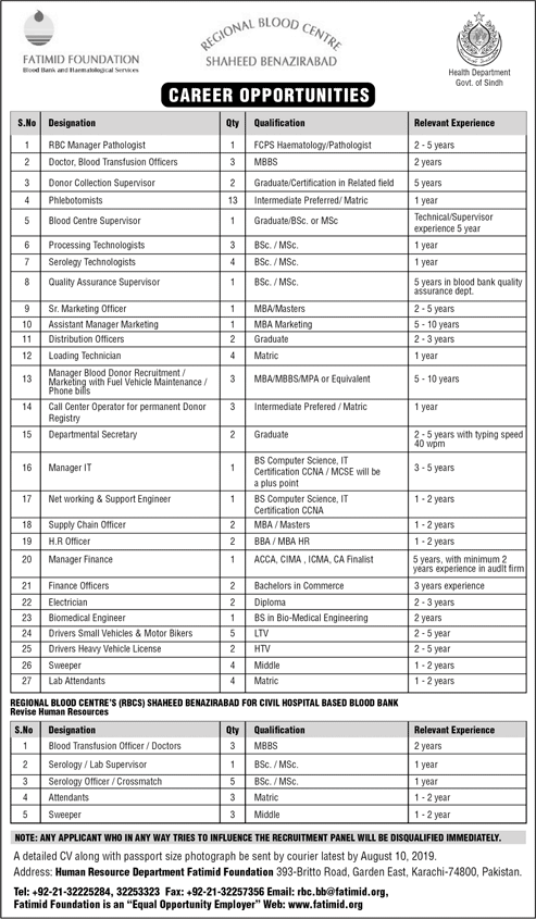 Regional Blood Center Shaheed Benazirabad Jobs 2019 July / August Fatima Foundation Sindh Latest