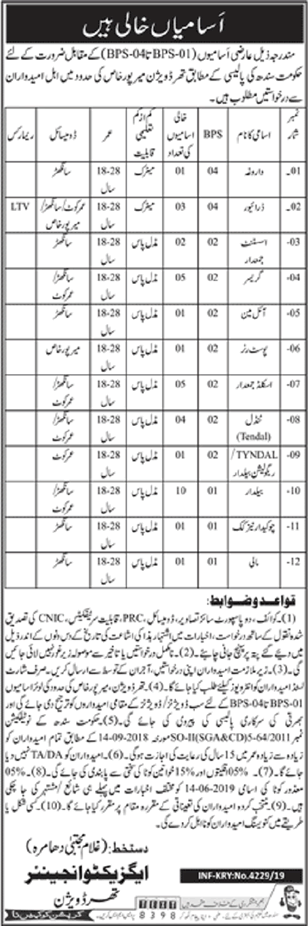 Office of Executive Engineer Thar Division Jobs 2019 August  Baildar, Drivers & Others Latest