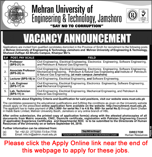 Mehran University of Engineering and Technology Jamshoro Jobs August 2019 Apply Online MUET Teaching Faculty & Others Latest