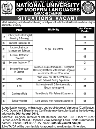 NUML University Karachi Campus Jobs 2019 August National University of Modern Languages Latest