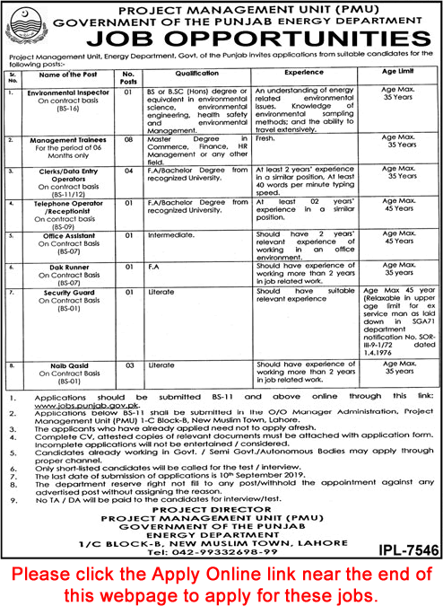 Energy Department Punjab Jobs 2019 August Apply Online PMU Latest