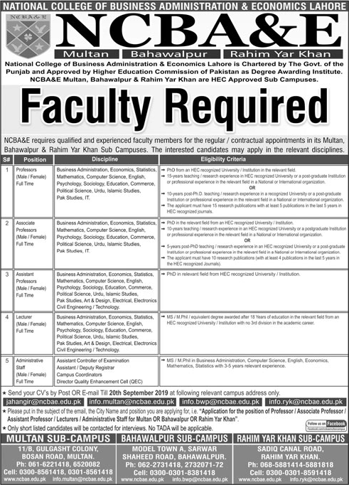 NCBA&E Multan / Bahawalpur / Rahim Yar Khan Jobs 2019 August / September Teaching Faculty & Others Latest