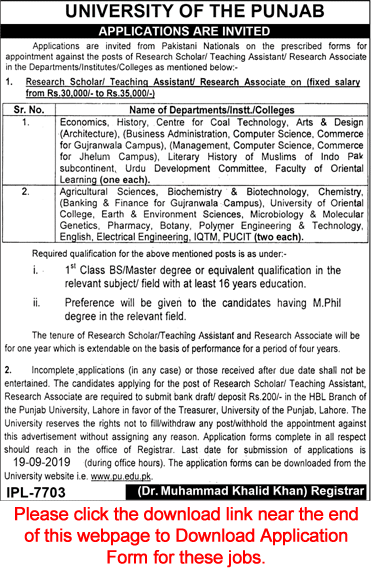 Punjab University Jobs August 2019 September Application Form Research Scholars / Associates / Teaching Assistants Latest