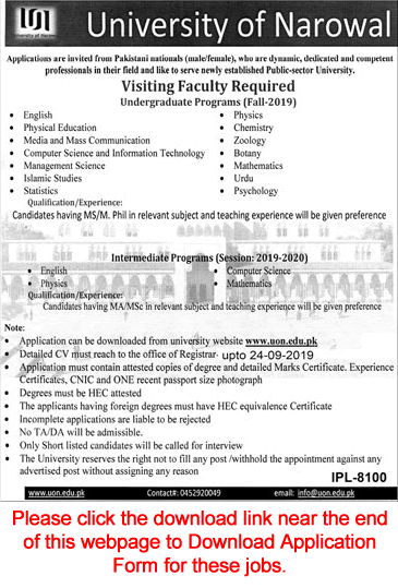 University of Narowal Jobs 2019 September Application Form Teaching Faculty Latest