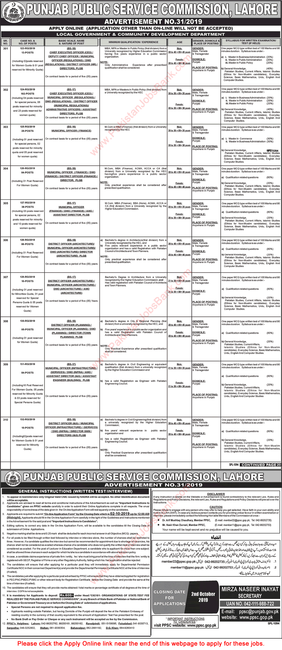 Local Government and Community Development Department Punjab Jobs September 2019 PPSC Apply Online Latest