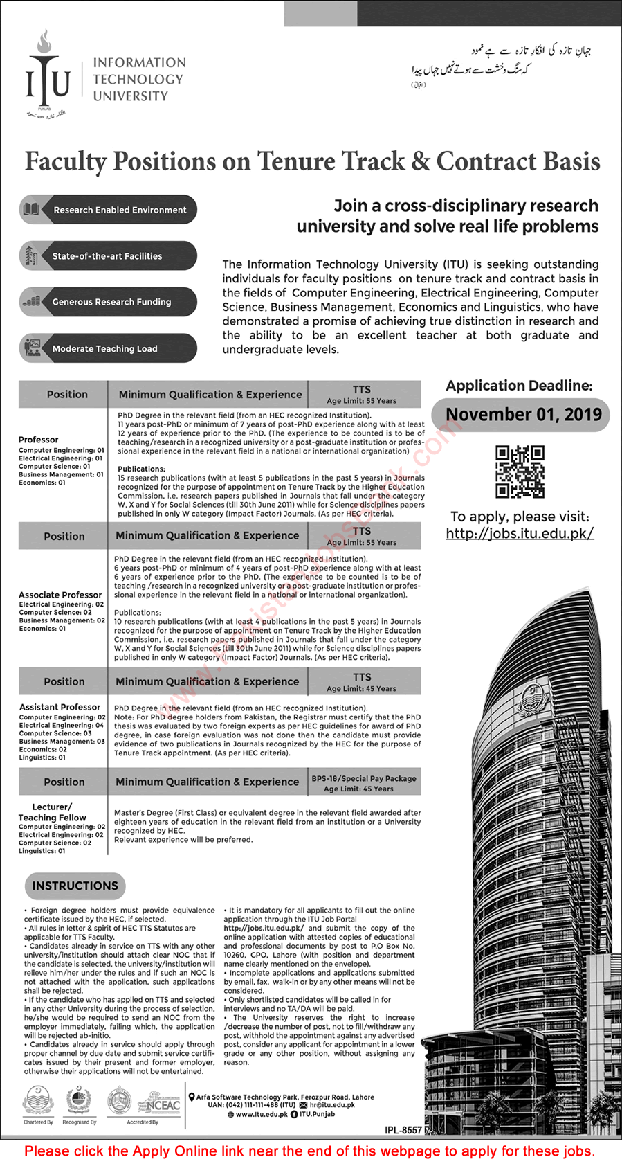 Information Technology University Lahore Jobs September 2019 Apply Online Teaching Faculty ITU Latest