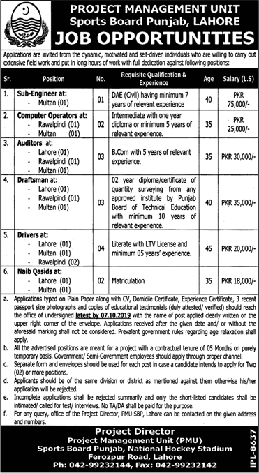 Sports Board Punjab Jobs 2019 September Auditors, Draftsman & Others Latest