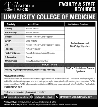 University College of Medicine Lahore Jobs September 2019 UOL Teaching Faculty & Others Latest