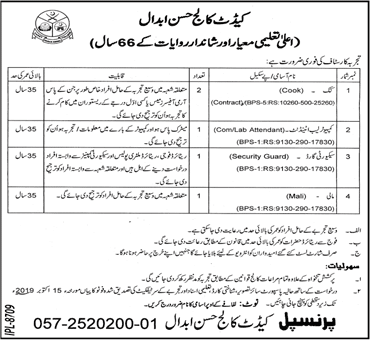 Cadet College Hasan Abdal Jobs September 2019 Cooks, Security Guards & Others Latest