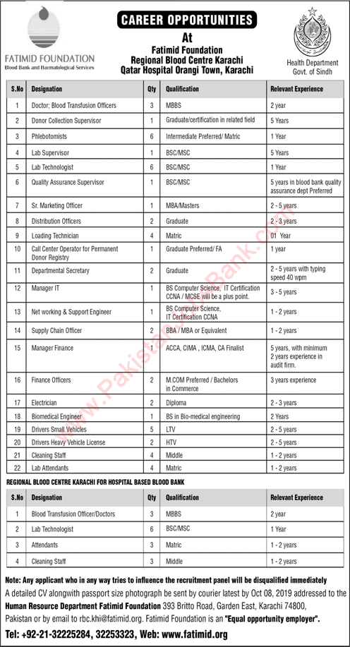 Fatimid Foundation Karachi Jobs 2019 September Lab Technologists, Drivers & Others Latest