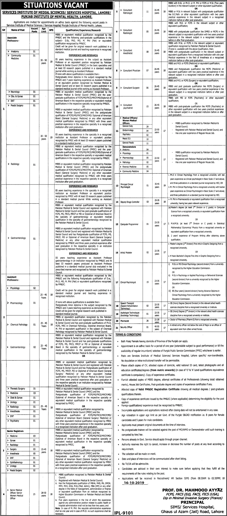 Punjab Institute of Mental Health Jobs 2019 October Services Hospital Lahore SIMS Latest