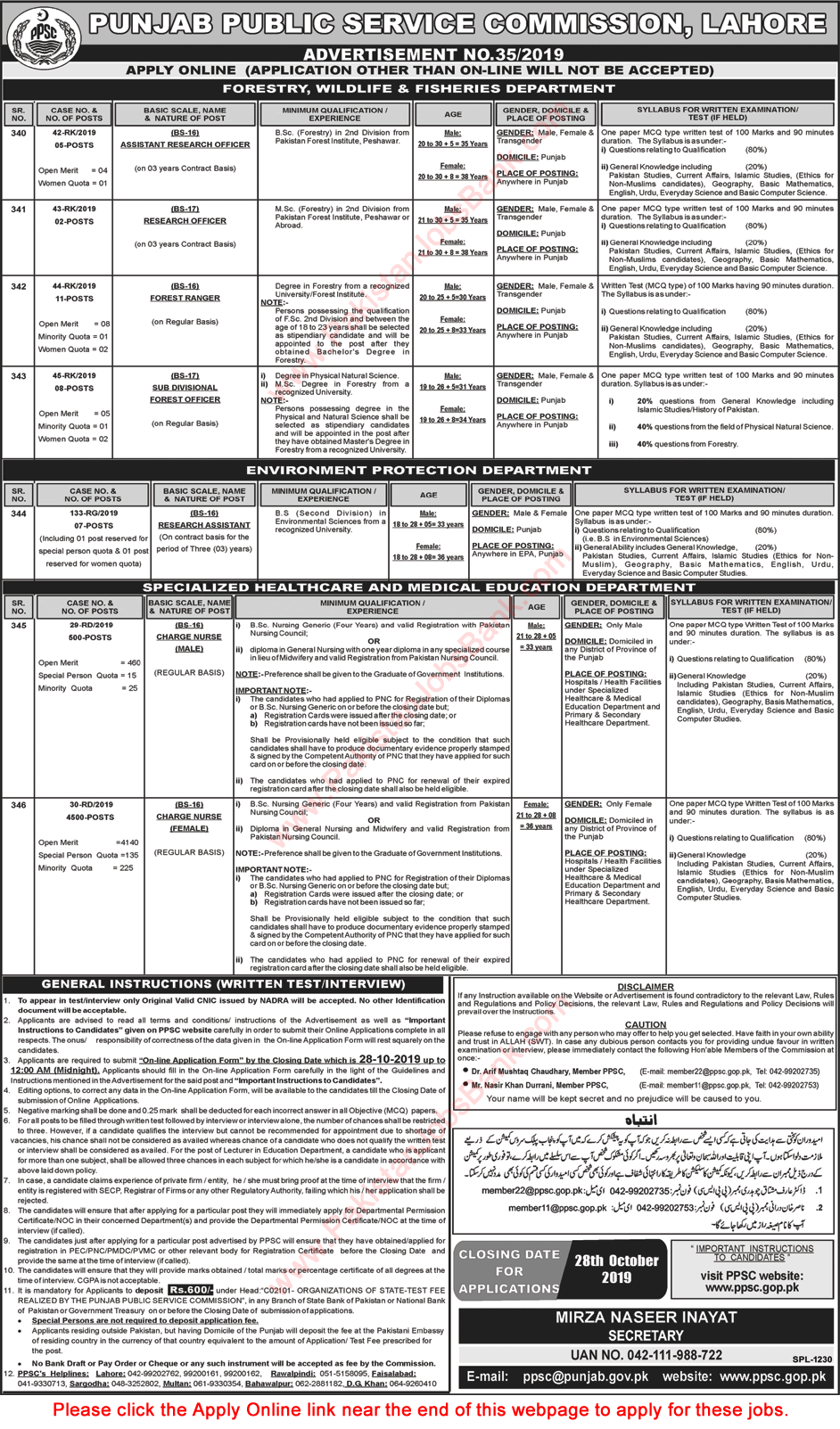 PPSC Jobs October 2019 Apply Online Consolidated Advertisement No 35/2019 Latest