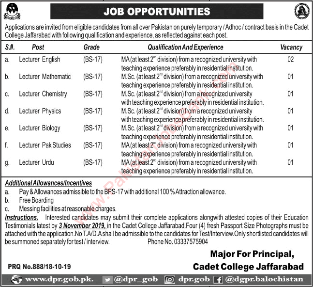 Lecturer Jobs Cadet College Jaffarabad 2019 October Latest