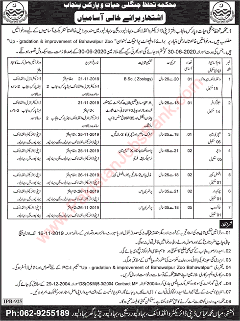 Wildlife Protection Department Punjab Jobs October 2019 November Bahawalpur Khakroob & Others Latest