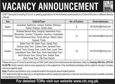 District Monitor Jobs in Chip Training Consulting Pvt Ltd Pakistan 2019 November Latest