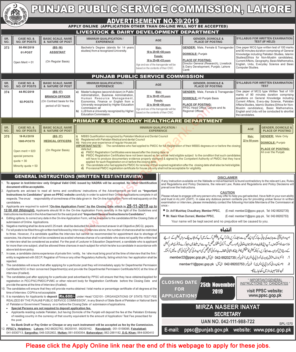 Medical Officer Jobs in Primary and Secondary Healthcare Department Punjab November 2019 PPSC Apply Online Latest