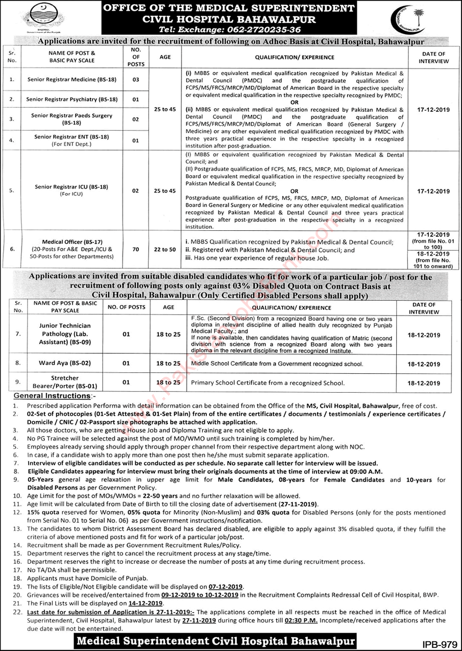 Civil Hospital Bahawalpur Jobs 2019 November Medical Officers, Specialists & Others Latest