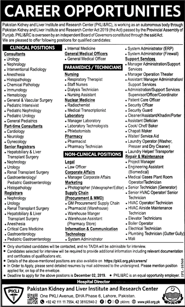 Pakistan Kidney and Liver Institute Jobs 2019 November PKLI Medical Officers, Consultants, Registrars, Nurses & Others Latest