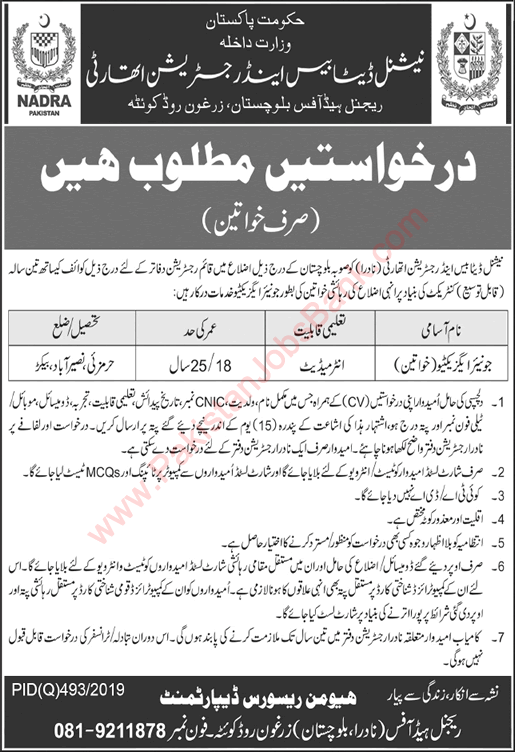 NADRA Jobs November 2019 Female Junior Executives Balochistan National Database and Registration Authority Latest