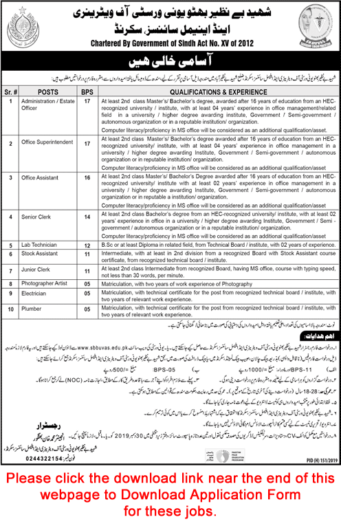 Shaheed Benazir Bhutto University of Veterinary and Animal Sciences Sakrand Jobs 2019 November Application From Latest