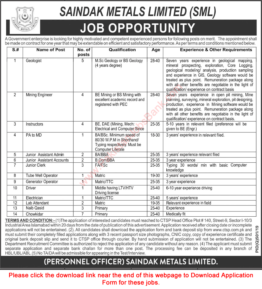 Saindak Metals Limited Jobs 2019 November CTSP Application Form Chowkidar, Geologist & Others SML Latest