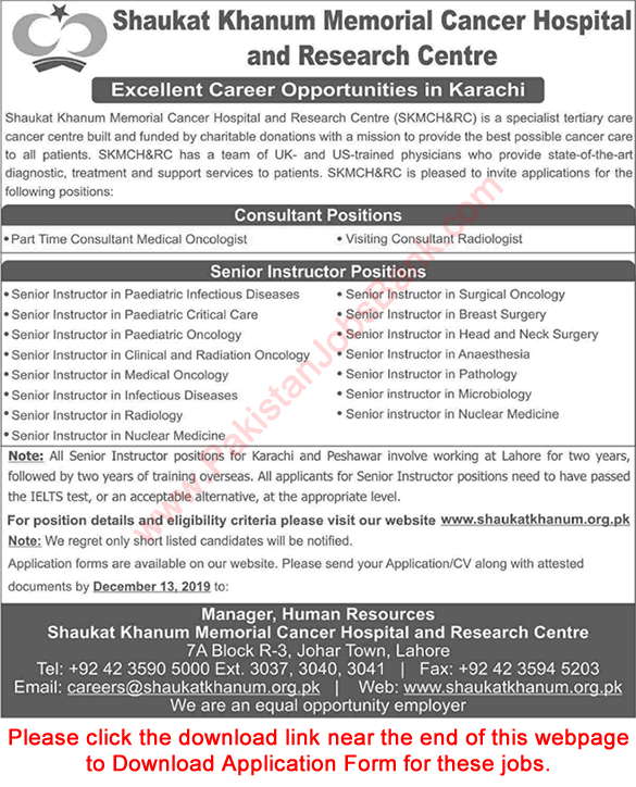 Shaukat Khanum Hospital Karachi Jobs December 2019 Application Form Senior Instructors & Consultants Latest