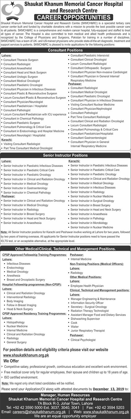 Shaukat Khanum Hospital Jobs December 2019 Medical Consultants, Instructors & Others Latest