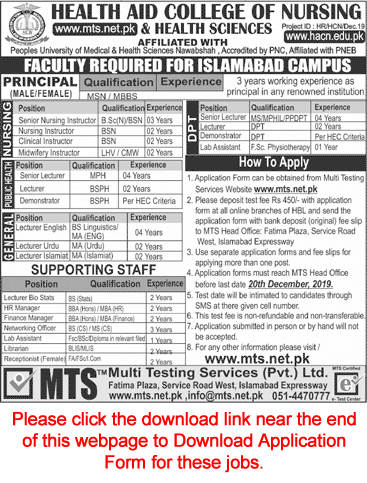 Health Aid College of Nursing and Health Sciences Islamabad Jobs December 2019 MTS Application Form Latest