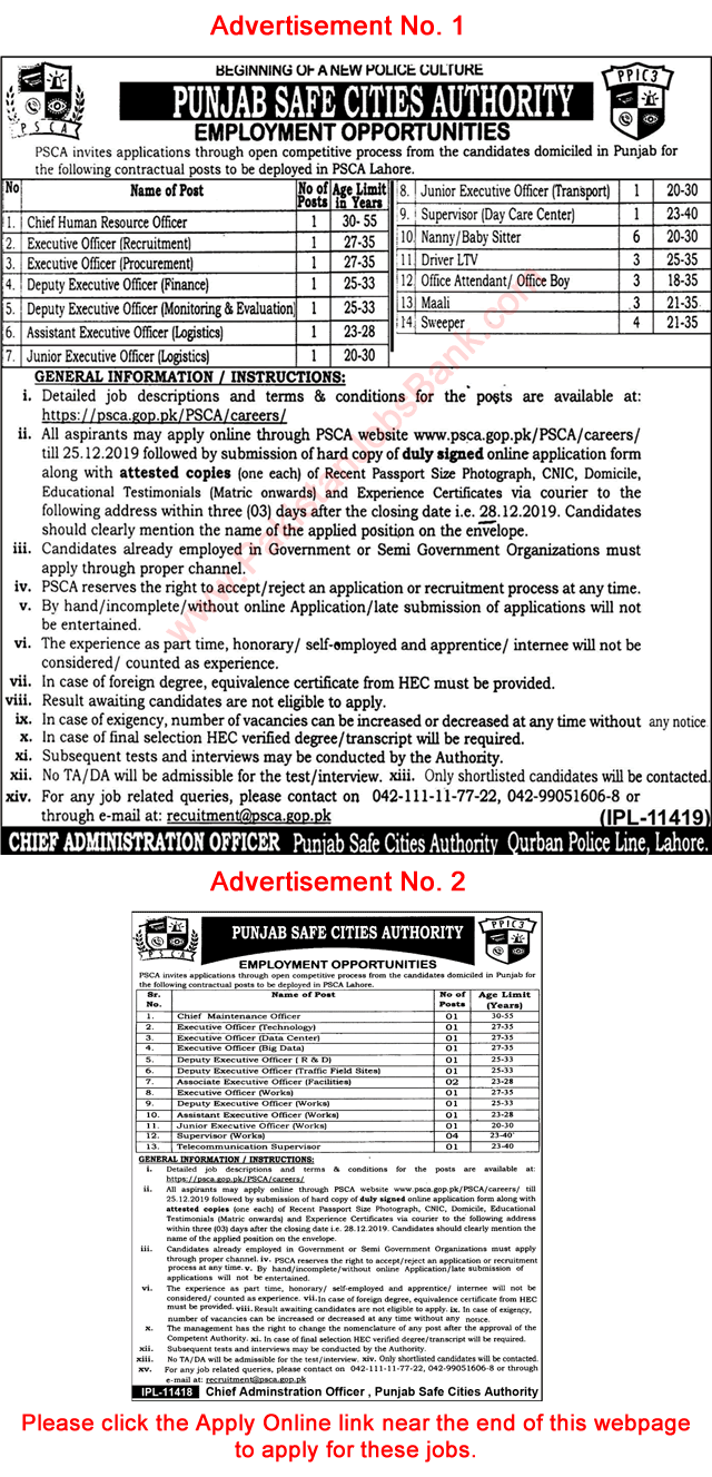 Punjab Safe City Authority Lahore Jobs 2019 December PSCA PPIC3 Apply Online Executive Officers & Others Latest