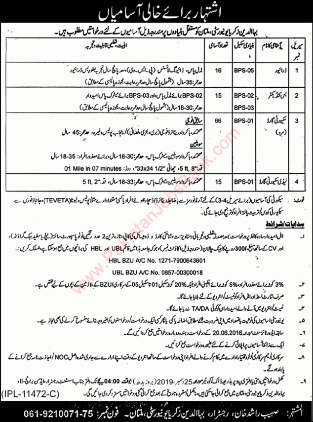 Bahauddin Zakariya University Multan Jobs 2019 December Security Guards, Drivers & Bus Conductors Latest