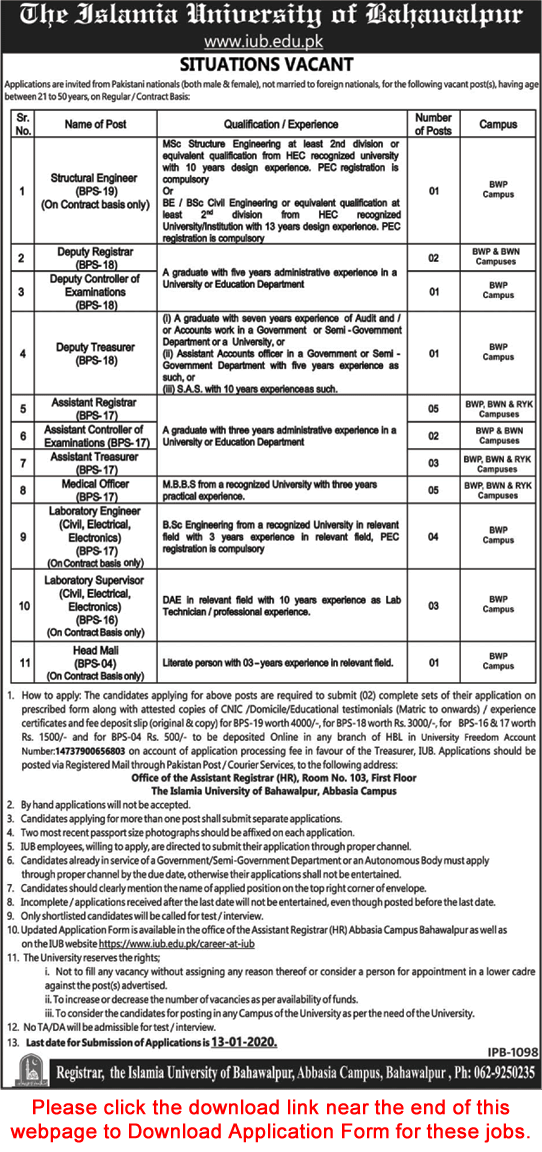 Islamia University of Bahawalpur Jobs December 2019 Application Form IUB Latest