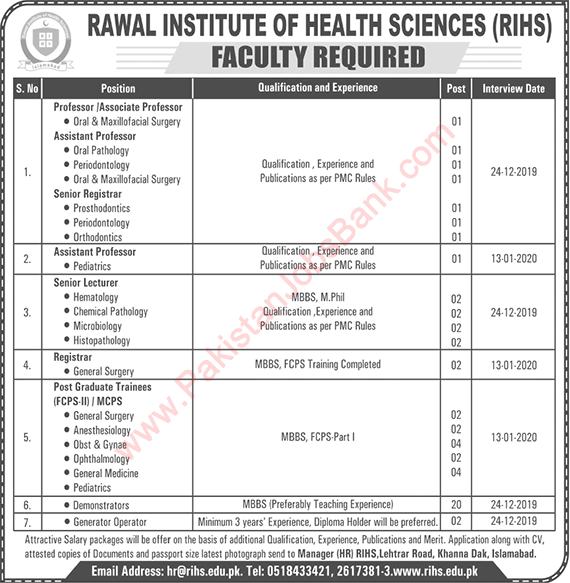 Rawal Institute of Health Sciences Islamabad Jobs 2019 December Teaching Faculty & Others RIHS Latest