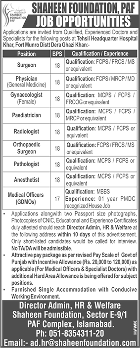 Shaheen Foundation Jobs December 2019 PAF THQ Hospital Dera Ghazi Khan Latest