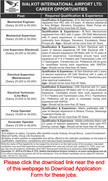 Sialkot International Airport Jobs 2019 December Application Form Engineers, Supervisors & Others Latest
