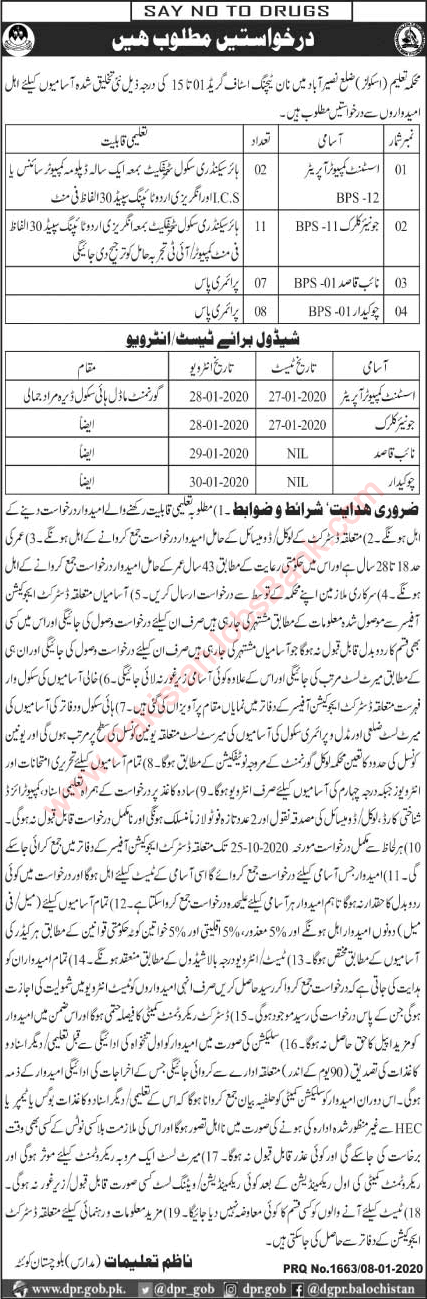 Education Department Balochistan Jobs 2020 January Nasirabad Clerks & Others Latest