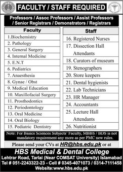 HBS Medical and Dental College Islamabad Jobs 2020 January Teaching Faculty, Nurses & Others Latest