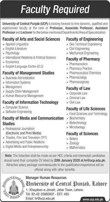 Teaching Faculty Jobs in University of Central Punjab Lahore 2020 January UCP Latest
