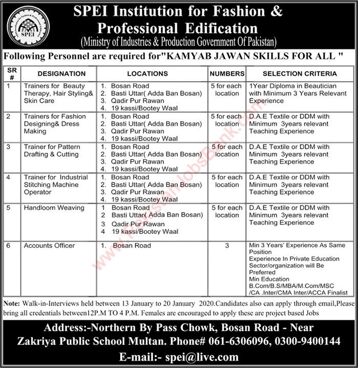 Southern Punjab Embroidery Industries Multan Jobs 2020 January SPEI Trainers & Accounts Officer Latest