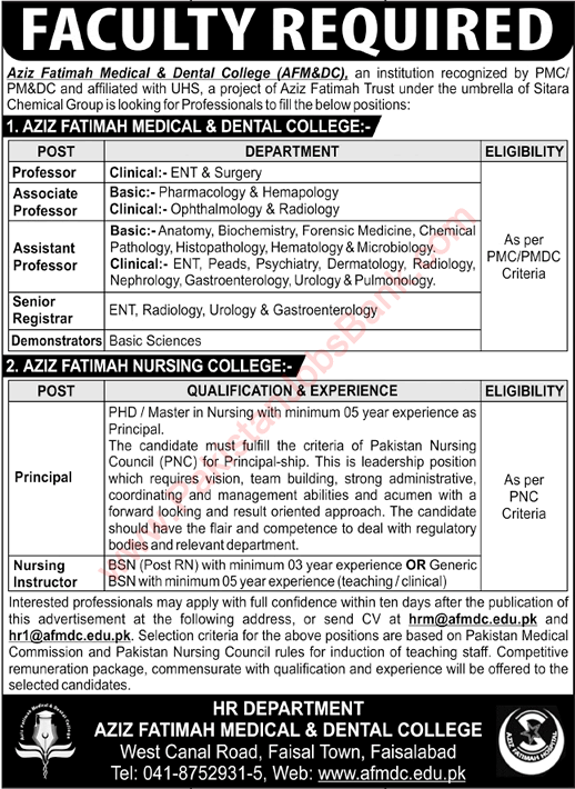 Aziz Fatimah Medical and Dental College Faisalabad Jobs 2020 January Teaching Faculty & Others Latest